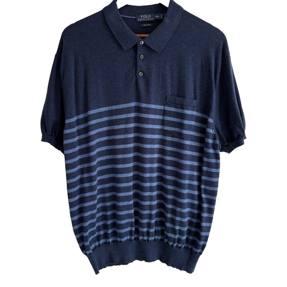 Polo Ralph Lauren Short Sleeve Blue Striped Collared Sweater Tag XXL Fits Large